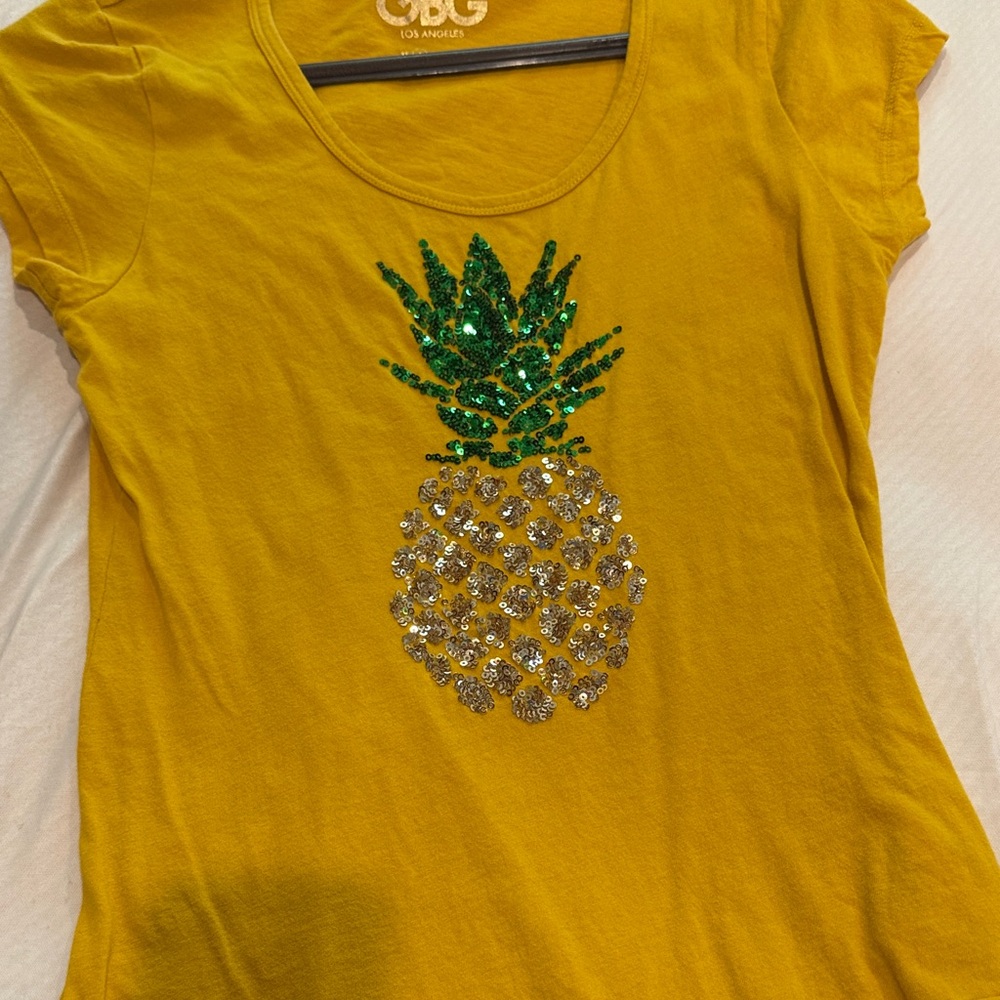 GBG Los Angeles Girls Mustard Yellow Pineapple Sequin Tee